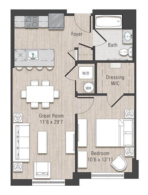 Floor plan for 1 bed, 1 bath, 700 sqft